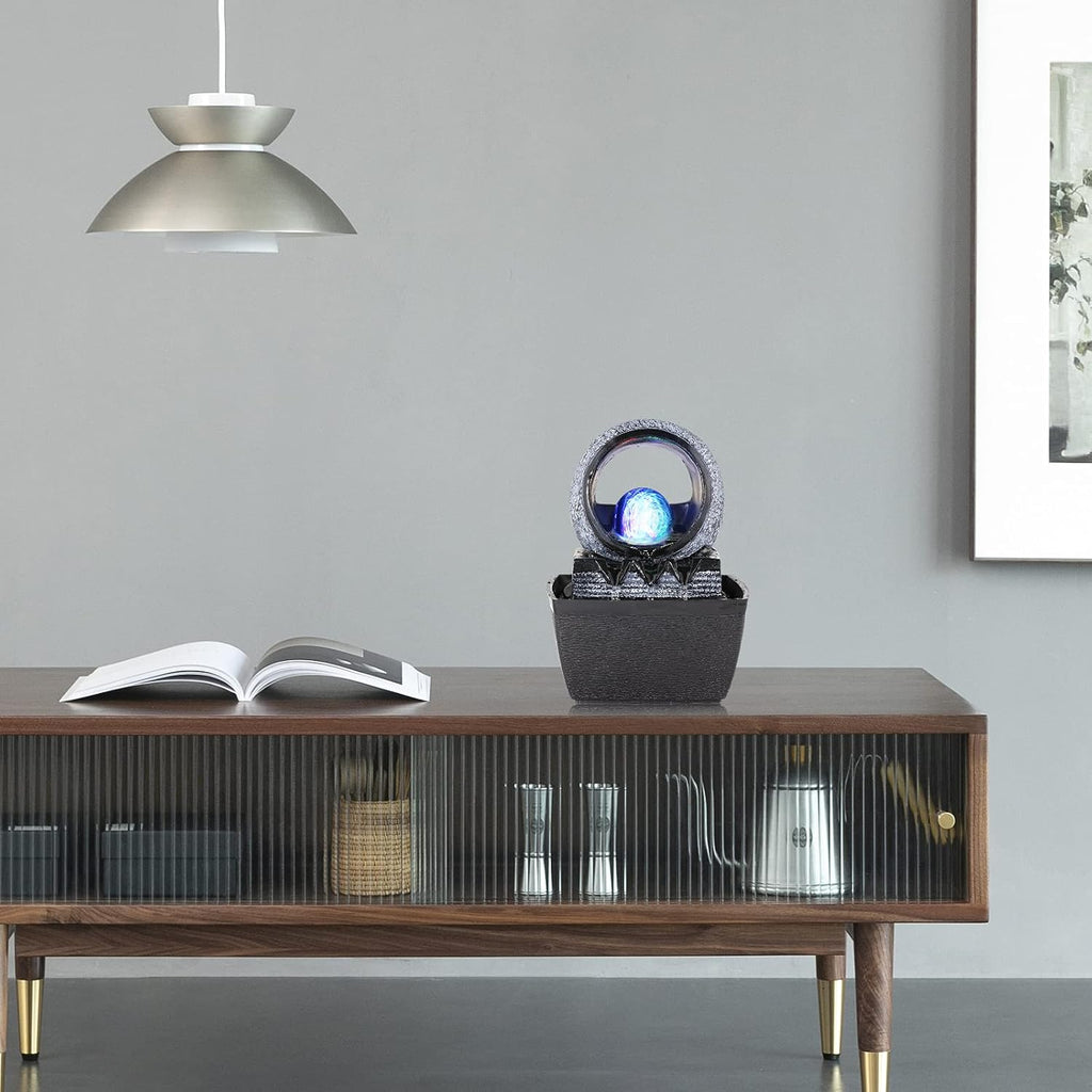 Indoor Water Fountain with Illuminated Sphere Feature