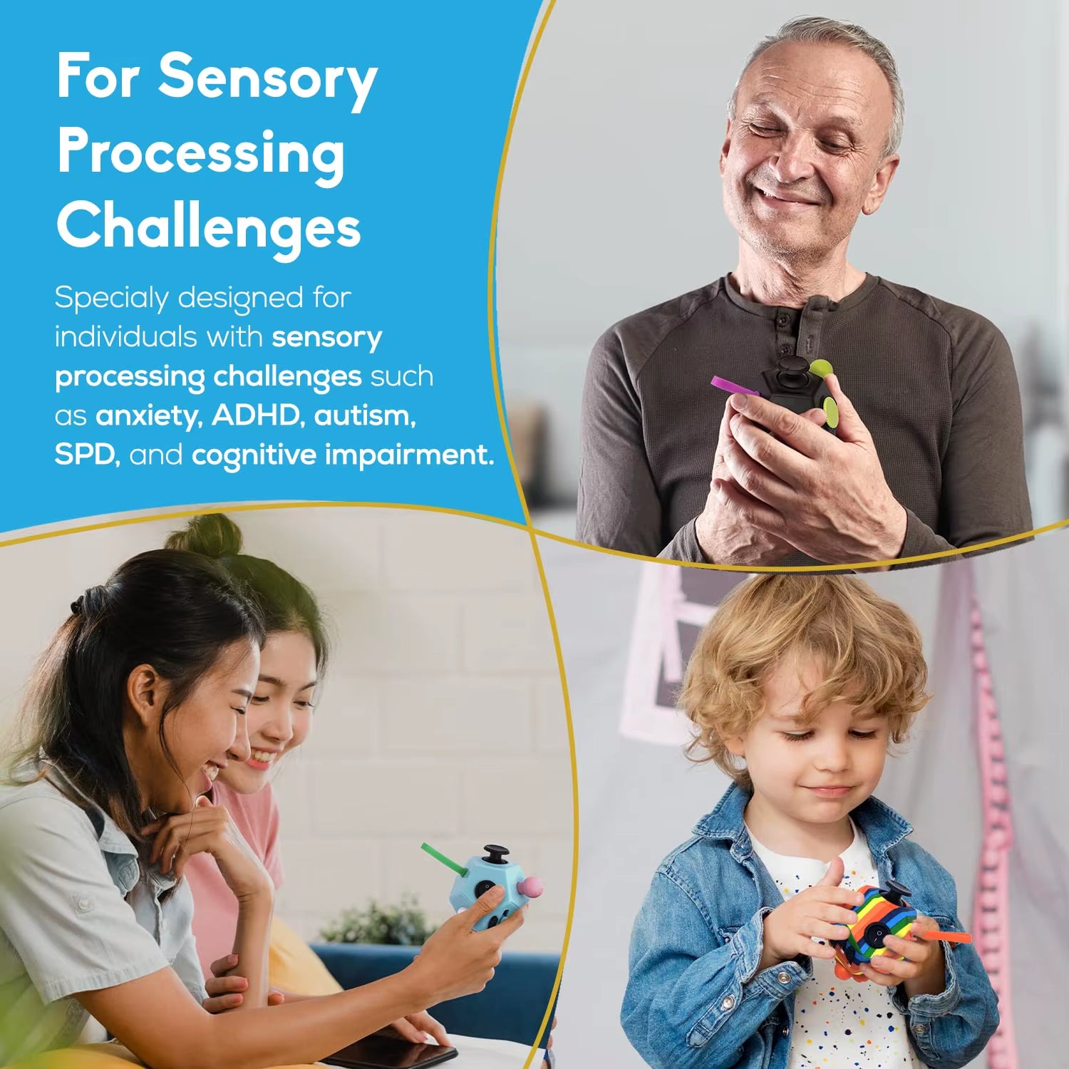 Fidget Cube EDC Stress Relief Toy - Sensory Fidgeting Dice for Adults and Children with Autism and ADHD, 12 Sides for Enhanced Focus